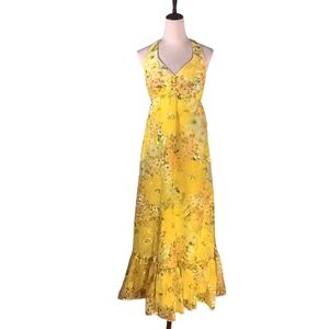 Vintage 1960s Floral Halter Prom Evening Gown With Taffeta Lining
